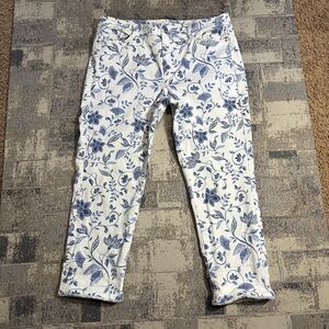 J. Jill Denim Pants 12 White Blue Floral Raw Hem Crop Authentic Fit